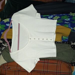 Aeropostale White Cropped Snap Front Short Sleeve Top